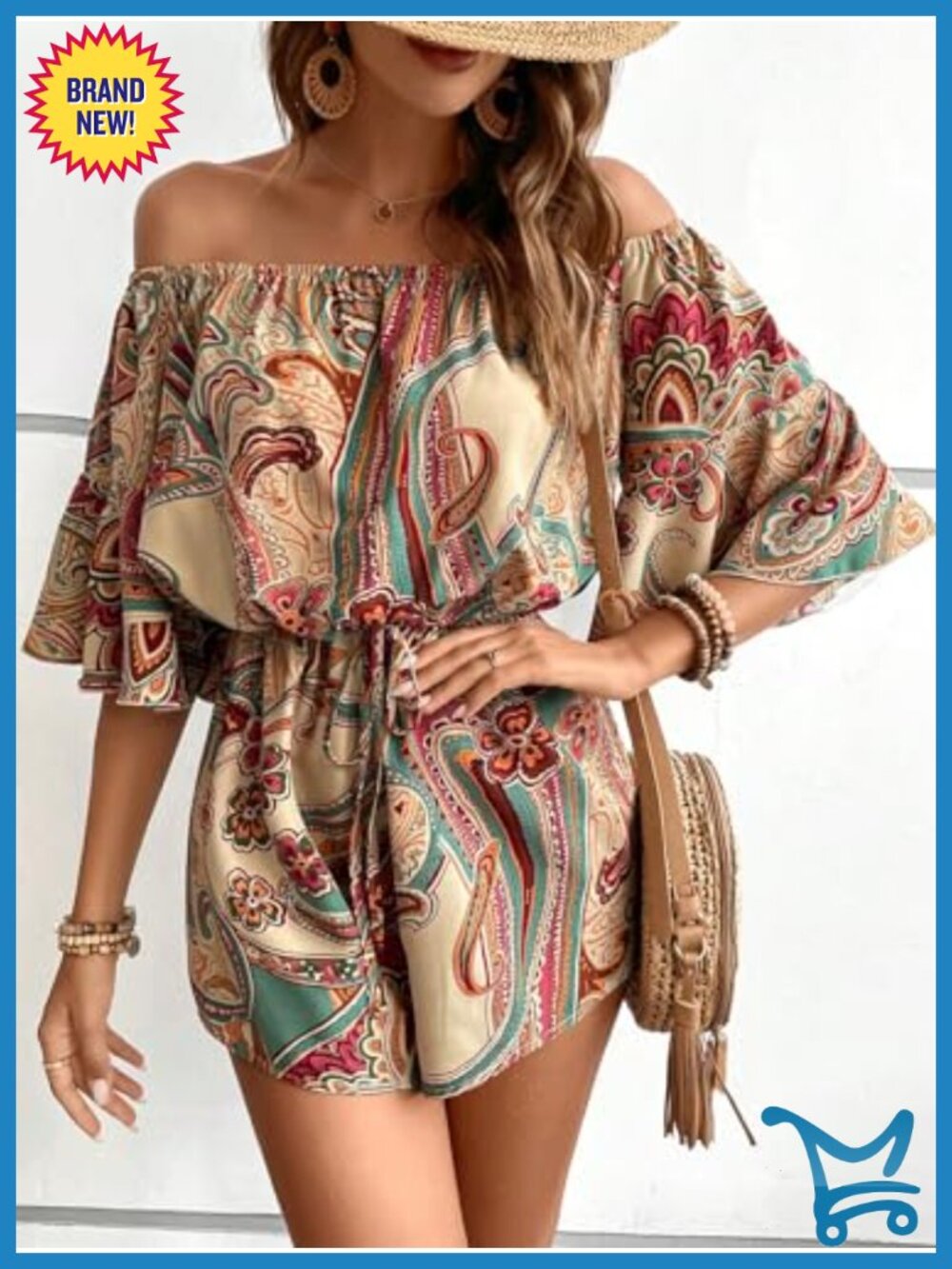 Women's Off The Shoulder Romper Boho Elastic Waist Shorts Jumpsuit Dressy - Picture 4 of 5